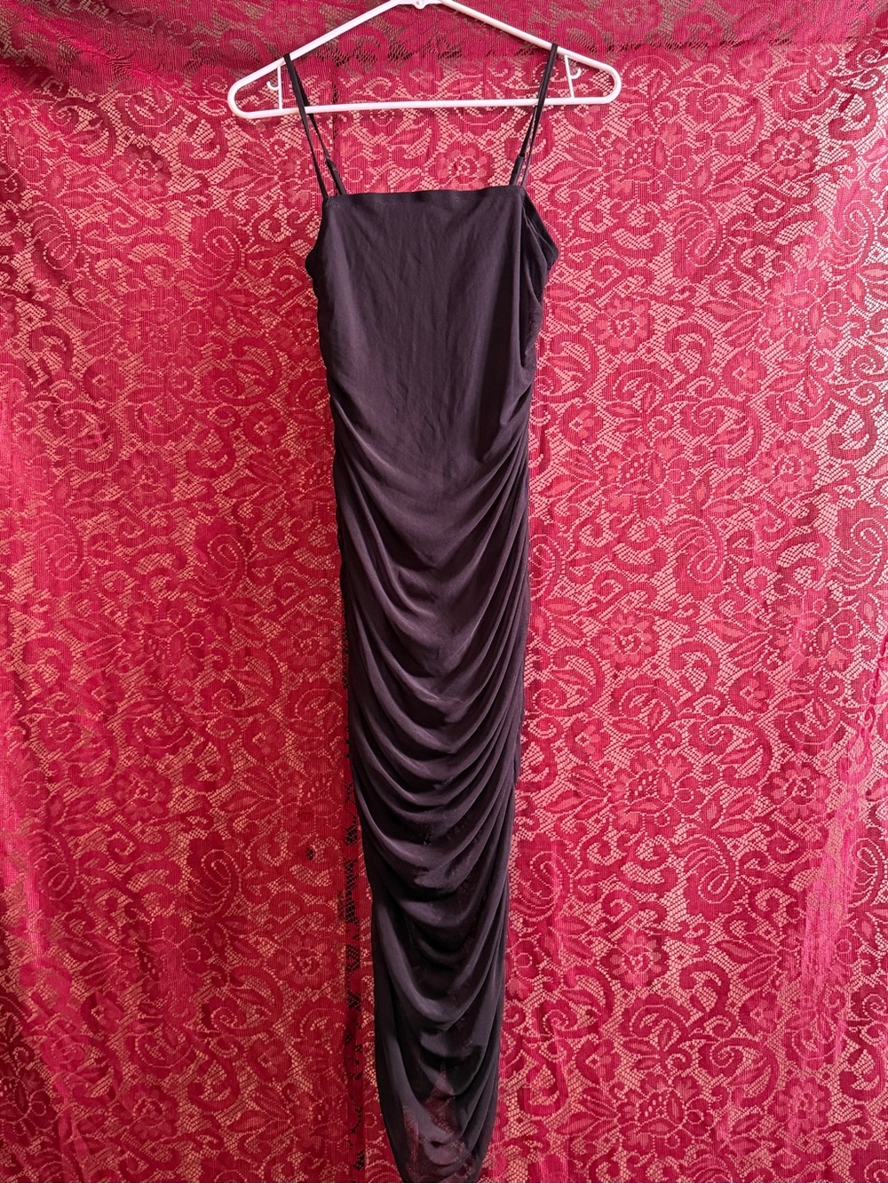 Wild Fable Black Ruched Mesh Bodycon Midi Dress XS Cami Straps Party Goth Chic